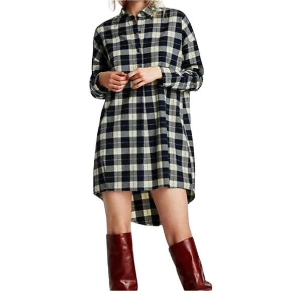 Zara Shirt Dress Oversized Plaid Gem Rhinestone Collar XS - Picture 1 of 13